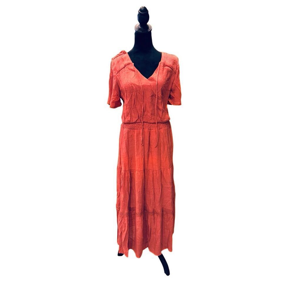 Luxology Coral Boho Maxi Dress Tie Neck Smocked Waist Size L